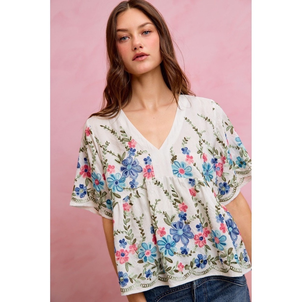 SO ME Floral Embroidered Baby Doll Blouse Top - Medium - Picture 4 of 5